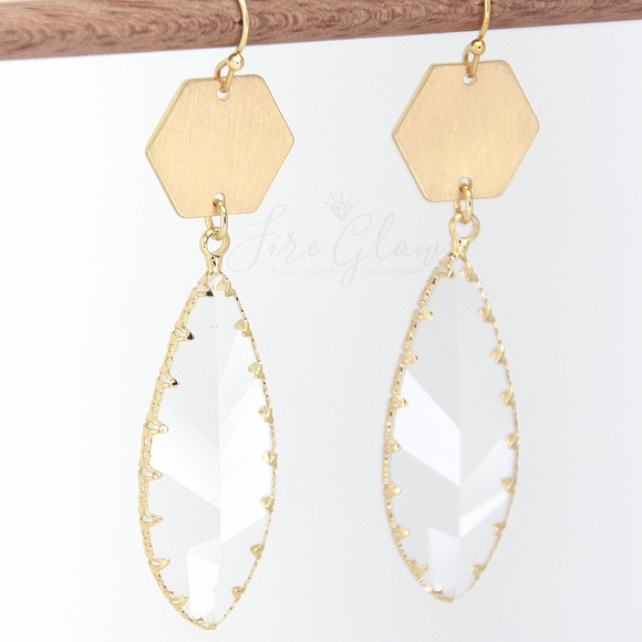 Gray Teardrop Gem Brushed Gold Tone Hex Earrings - Picture 5 of 11